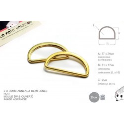 2 x 30mm Anneaux demi lunes / Metal /  Moulé / Plat / Dore Jaune