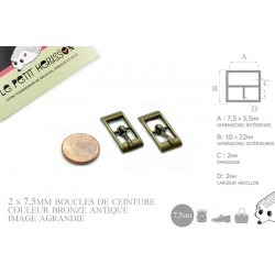 2 x 7,5mm Boucles de ceintures / Métal / Bronze Antique / Pour les Chaussures