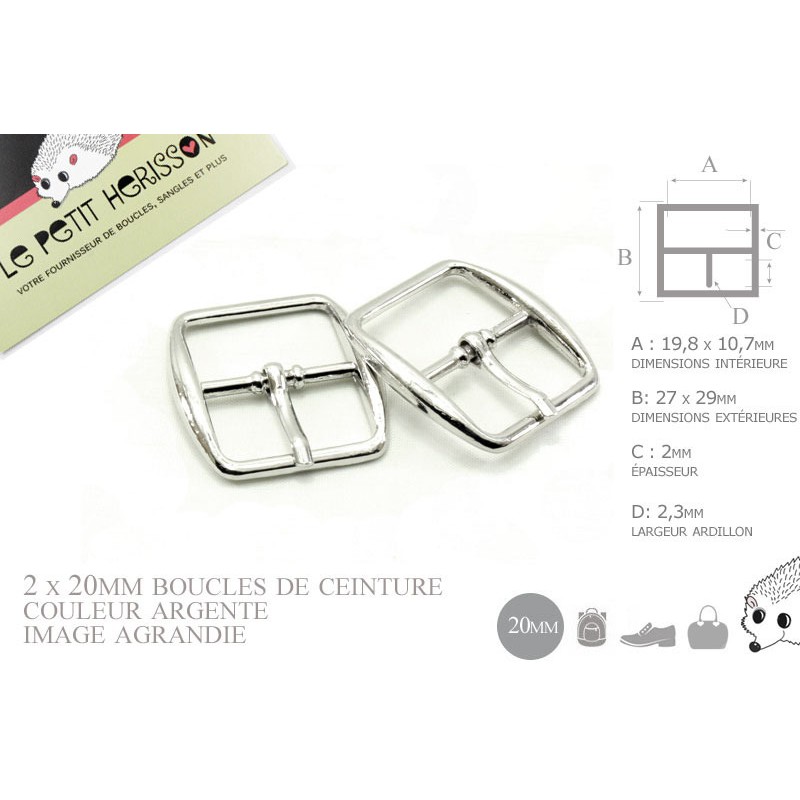 2 x 20mm Boucles de ceintures / Métal / Argente / Carré