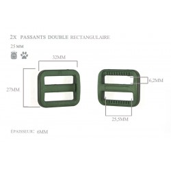 2 x 25mm Boucles Coulisse / Passants Doubles / Plastique / Rectangulaire / Vert Fonce