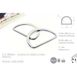 2 x 50mm Anneaux demi lunes / Metal /  Moulé / Plat / Nickel