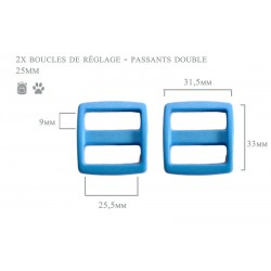 2 x 25mm Boucles Coulisse / Passants Doubles / Plastique / bleu clair