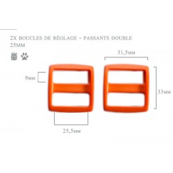 2 x 25mm Boucles Coulisse / Passants Doubles / Plastique / orange