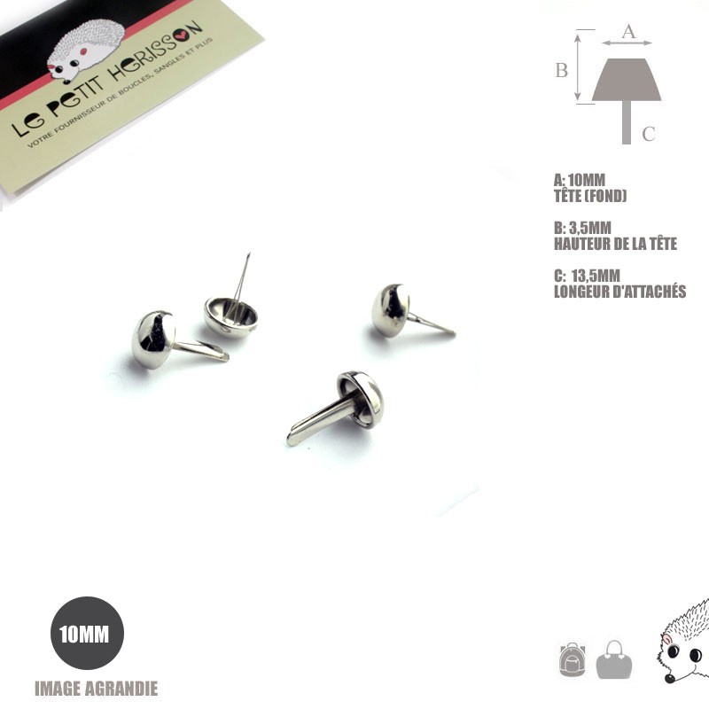 4 x 10mm Pieds pour Sac / Métal / Rond / Argente