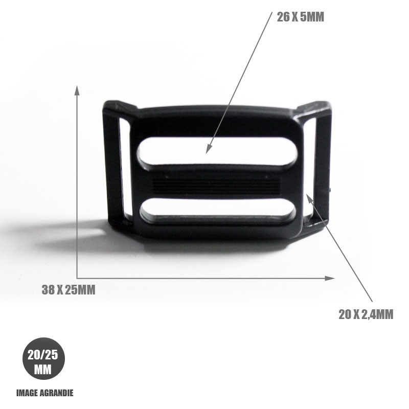 20 - 25mm Boucle Coulissante / Boucle Réglable / Plastique / 4 trous / Noir