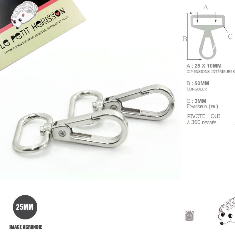 2 x 25mm Mousquetons Pivotants / Métal / Nickel / Style 6